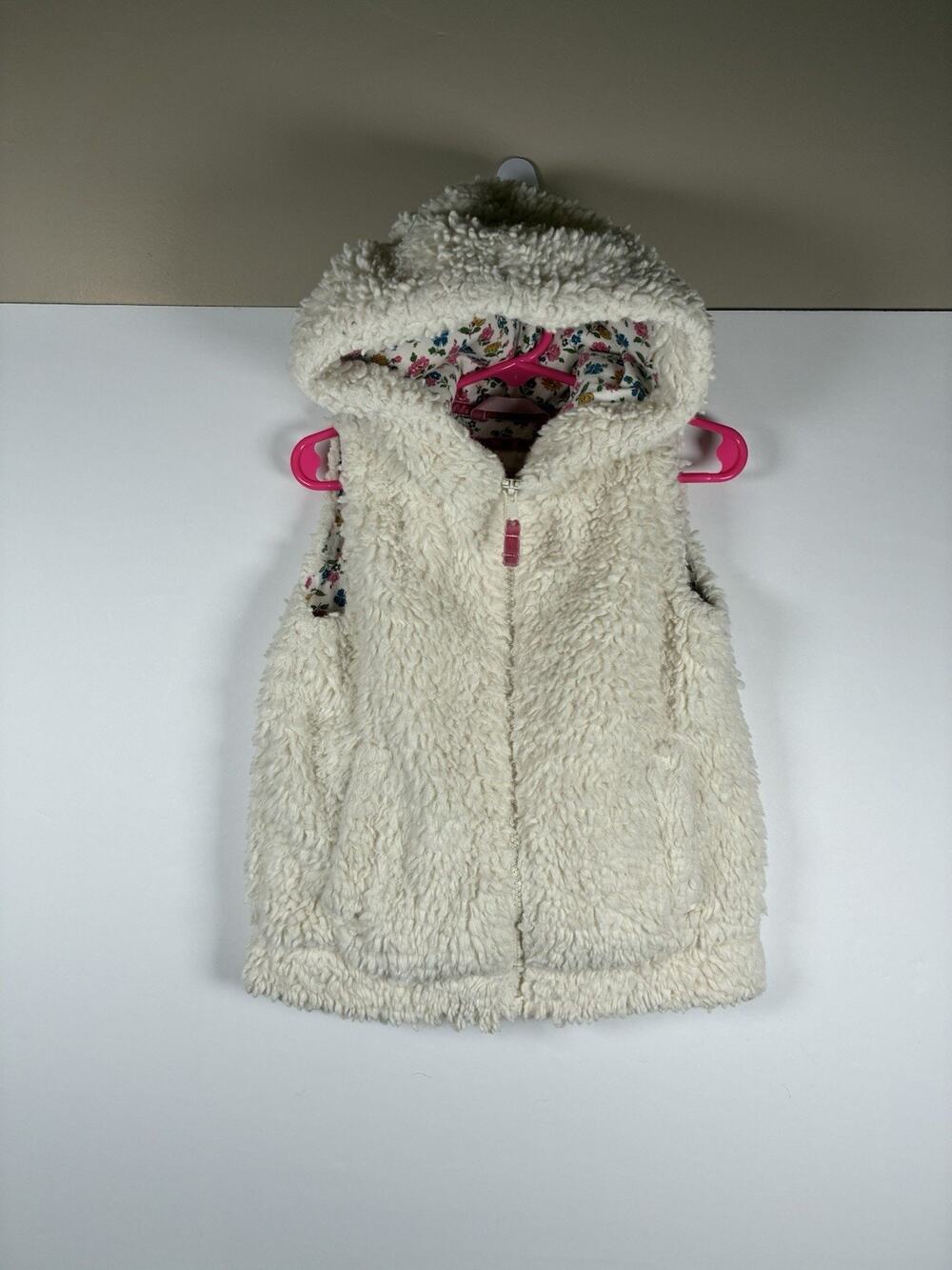 Mini Boden Girls 2-3Y Sherpa Vest Cream Hooded Floral Lined Zip Up Cottagecore